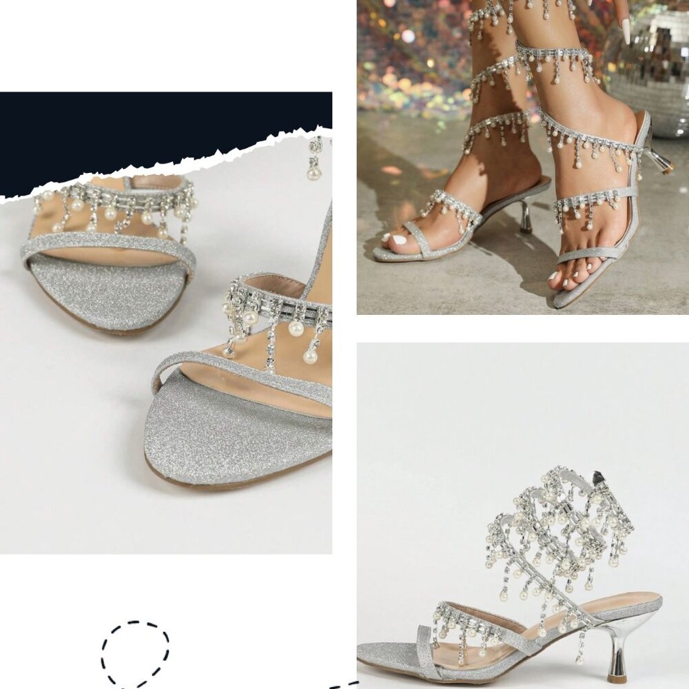 SHEIN High-Heeled Sandals With Rhinestone Décor. Wrap Around (Size 7)